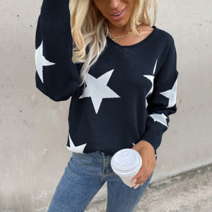 Round Neck Long Sleeve Star Print Sweater