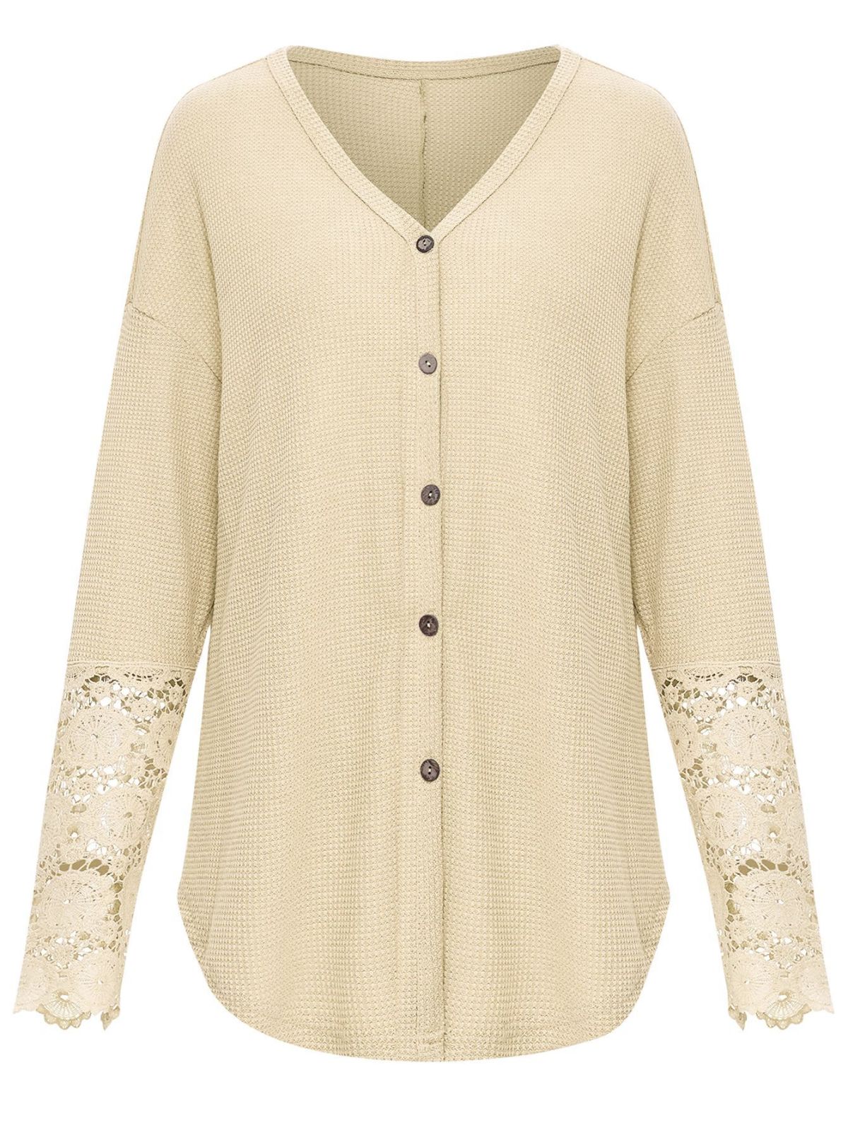 V-Neck Long Lace Sleeve Single-Breasted Solid Color Blouse