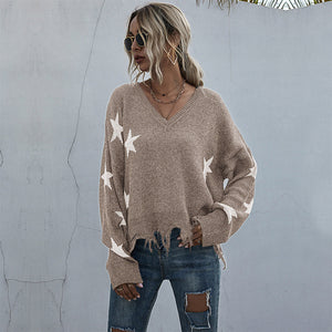 V-Neck Lantern Sleeve Star Fringe Hem Sweater