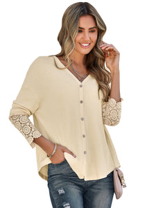 V-Neck Long Lace Sleeve Single-Breasted Solid Color Blouse