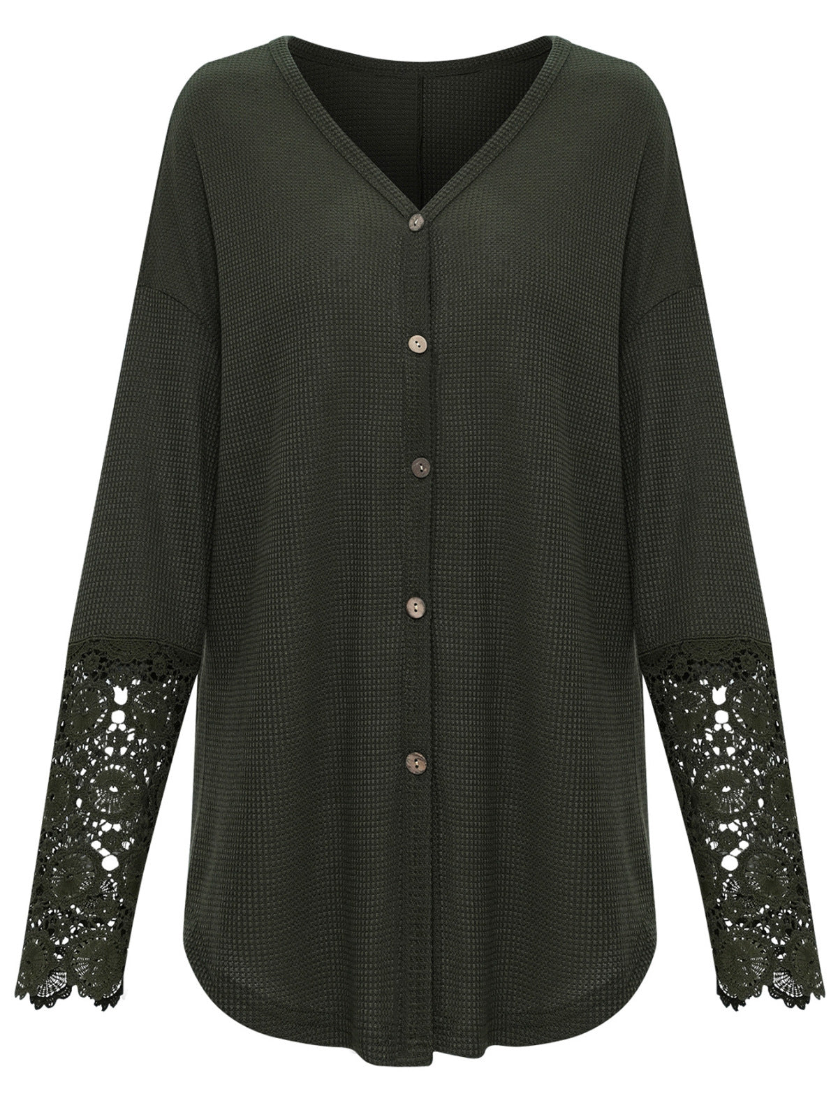 V-Neck Long Lace Sleeve Single-Breasted Solid Color Blouse
