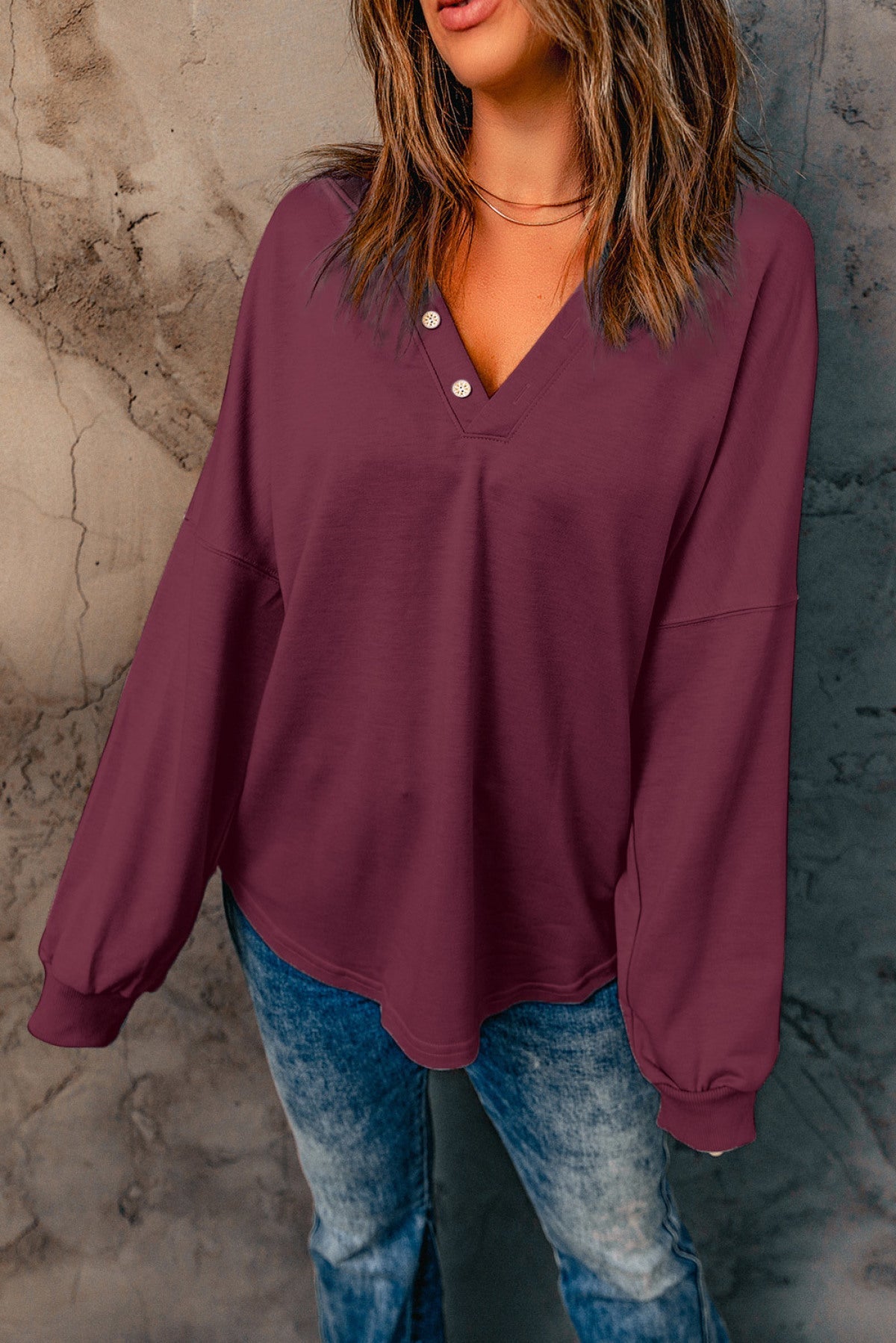 Buttoned V Neck Loose Fit Top