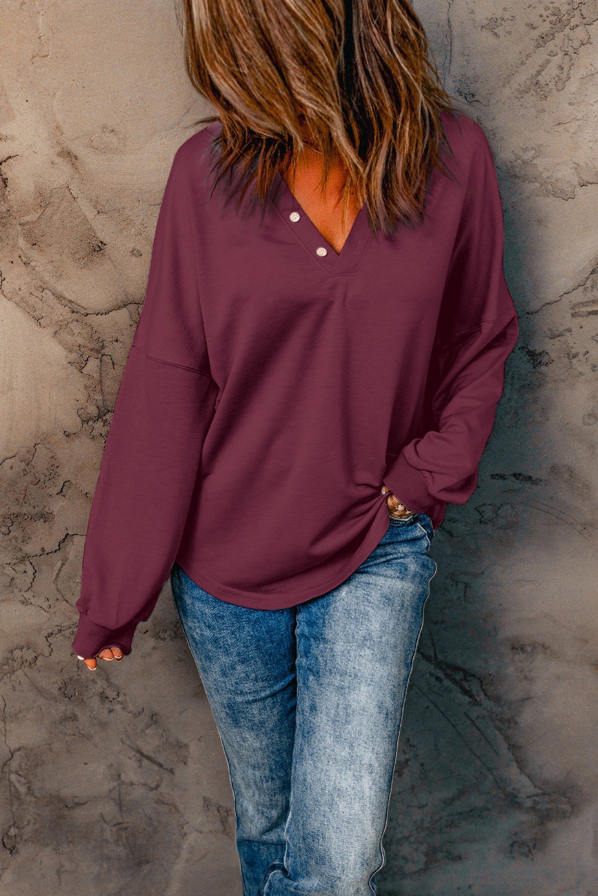 Buttoned V Neck Loose Fit Top