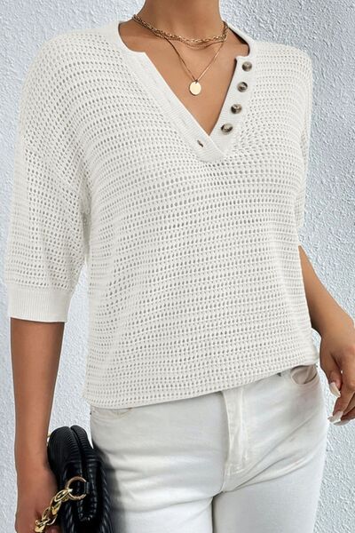 Openwork Half Button Dropped Shoulder Knit Top