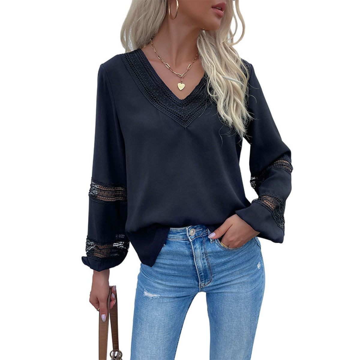 Embroidered V-Neck Lantern Cut Out Sleeve Blouse