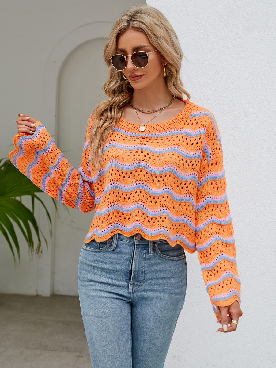 Striped Round Neck Openwork Ruffle Long Sleeve Sweater