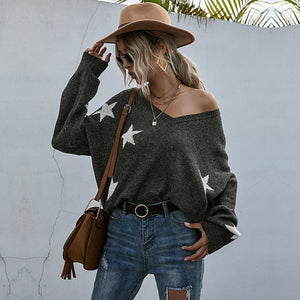 V-Neck Lantern Sleeve Star Fringe Hem Sweater