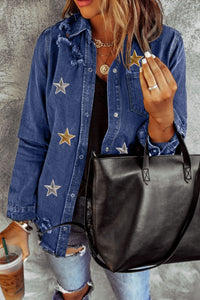 Blue Star Embroidery Distressed Denim Jacket