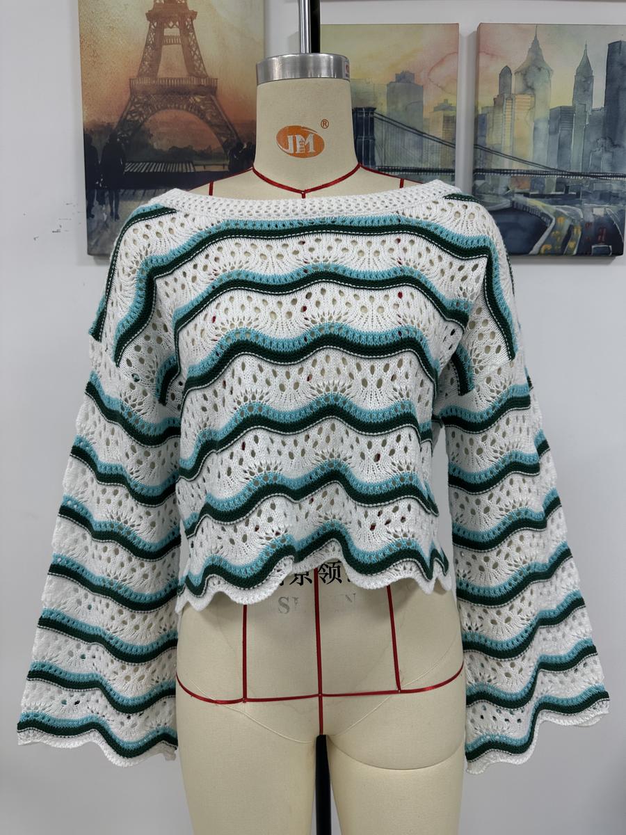 Striped Round Neck Openwork Ruffle Long Sleeve Sweater