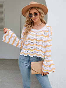 Striped Round Neck Openwork Ruffle Long Sleeve Sweater