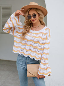 Striped Round Neck Openwork Ruffle Long Sleeve Sweater